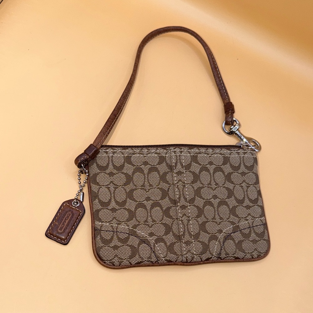 Coach Vintage Signature C Khaki Canvas Wristlet Detachable Brown Strap Leather